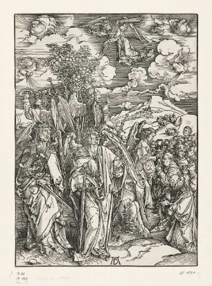 Vier Engel, die Winde aufhaltend / Die Versiegelung der Auserwählten, Blatt 5 aus: Albrecht Dürer, Apocalipsis cum figuris, Nürnberg 1498