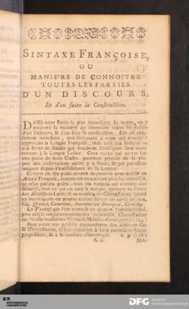 Sintaxe Francoise, Ou Maniére de Connoitre Toutes les Parties d'un Discours