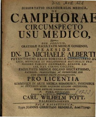 Dissertatio Inauguralis Medica, De Camphorae Circumspecto Usu Medico