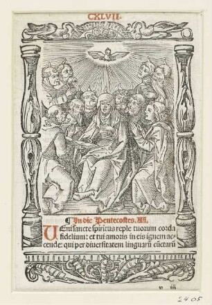 Pfingsten, aus: Jean Clein, "Hortulus anime cum alijs appluri=mis orationibus pristine impressioni superadditis: vt tabulam in huius cal ce annexam intuenti patentissium erit", Nürnberg