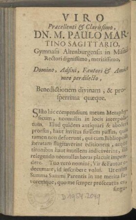 Viro pracellenti & clarissimo, Dn. M. Paulo Martino Sagittario, ...