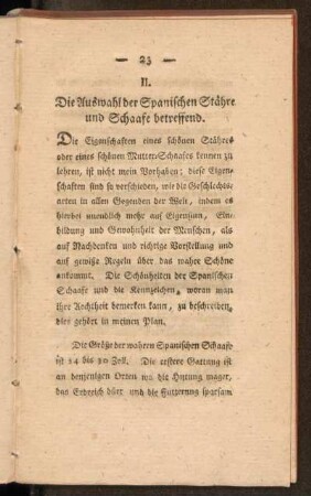 II. Die Auswahl der Spanischen Stähre und Schaafe betreffend