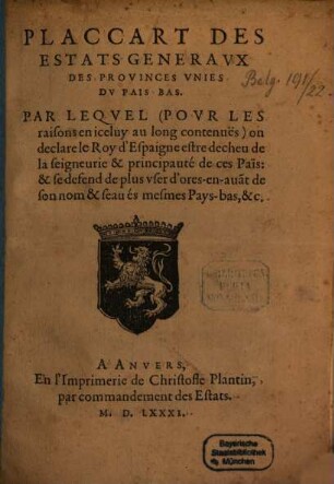 Placcart des estats generaux des provinces unies du Bais-Bas