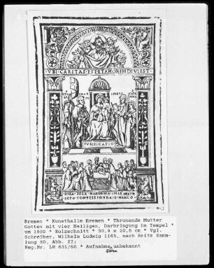 Thronende Muttergottes mit den Heiligen Ursula, Markus, Petrus und Katharina sowie der Darbringung im Tempel; im Bogen Gottvater mit Engeln