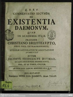 Commentatio Secunda De Existentia Daemonum