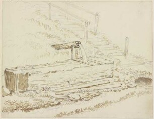 Brunnentrog mit Wasserrohr, daneben eine Treppe