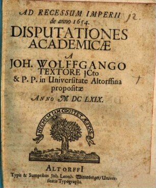 Ad Recessum Imperii de anno 1654. Disputationes Academicae