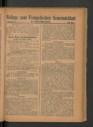 Beilage zum Evangelischen Gemeindeblatt für Deutsch-Südwestafrika. Nummer 5. Mai 1913