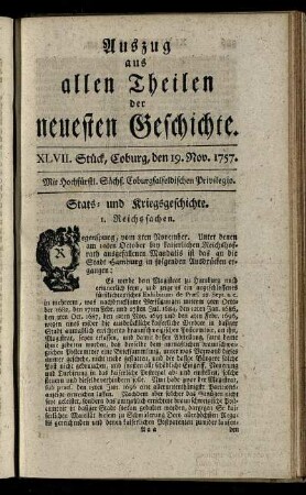 XLVII. Stück, Coburg, den 19. Nov. 1757.