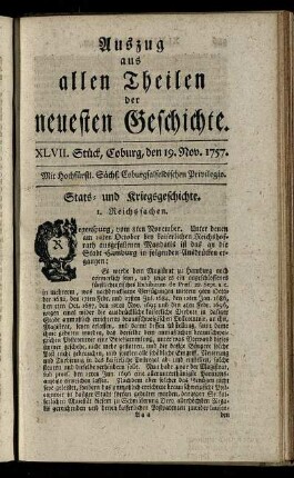 XLVII. Stück, Coburg, den 19. Nov. 1757.