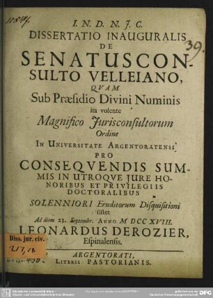 Dissertatio Inauguralis De Senatusconsulto Velleiano