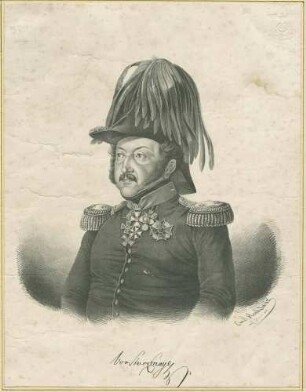Karl Stockmayer, Generalmajor, Brigadegeneral der 1. Infanterie-Brigade in Uniform, Federhut mit Orden, Brustbild in Halbprofil