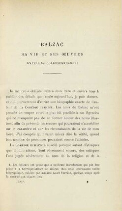 Balzac. Sa vie et ses oeuvres d'après sa correspondance