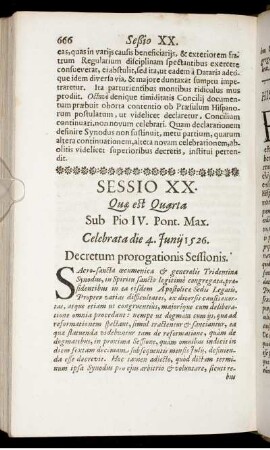 Sessio XX. Quæ est Quarta Sub Pio IV. Pont. Max. Celebrata die 4. Junii 1526.