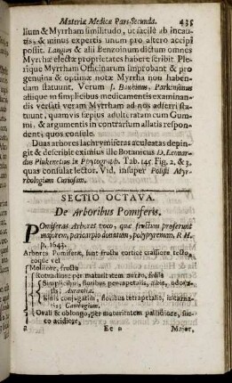 Sectio Octava. De Arboribus Pomiferis. - Sectio Undecima. De Partibus Stirpium minus cognitarum.