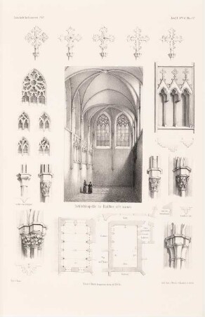Schlosskapelle, Ratibor: Perspektivische Innenansicht, Grundriss, Details (aus: Atlas zur Zeitschrift für Bauwesen, hrsg. v. G. Erbkam, Jg. 2, 1852)