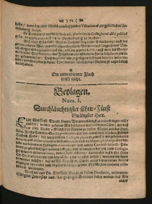 Num. I. Durchläuchtigster Chur-Fürst