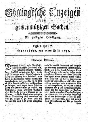 28stes Stück. Sonnabend, den 15ten Julii 1775.