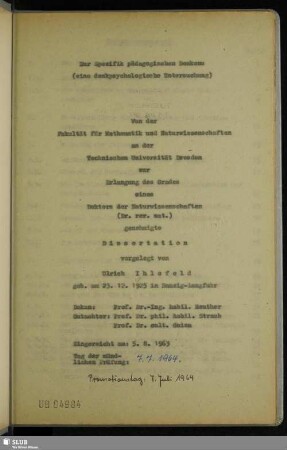 Zur Spezifik pädagogischen Denkens : (eine denkpsychologische Untersuchung)