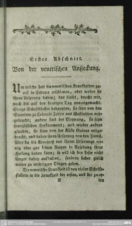 Erster Abschnitt. Von der venerischen Ansteckung