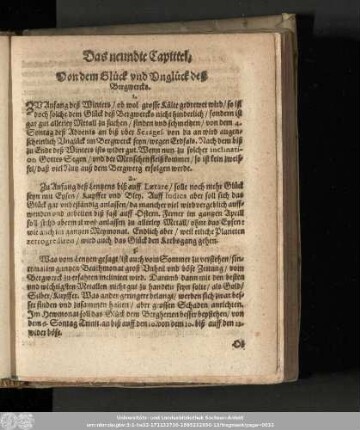 Das neundte Capittel. Von dem Glück und Unglück des Bergwercks.