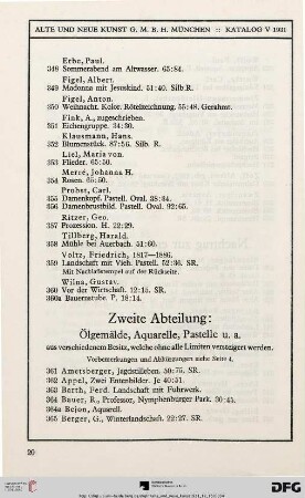Zweite Abteilung: Ölgemälde, Aquarelle, Pastelle (Nr. 361-513)
