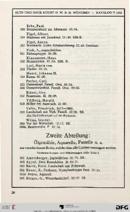 Zweite Abteilung: Ölgemälde, Aquarelle, Pastelle (Nr. 361-513)
