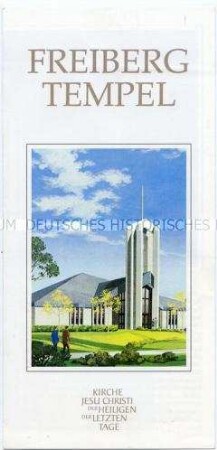 Informationsprospekt über den ersten Mormonen-Tempel ("Kirche Jesu Christi der Heiligen der letzten Tage") in der DDR in Freiberg, beiliegend Karte mit den Glaubensgrundsätzen der Religionsgemeinschaft