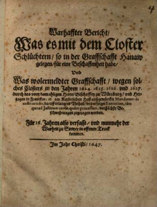 Warhaffter Bericht, was es mit dem Closter Schlüchtern in der Graffschaft Hanaw für eine Beschaffenheit habe