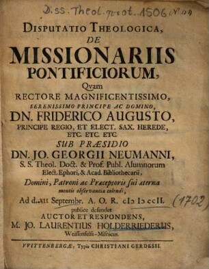 Disputatio Theologica, de Missionariis Pontificiorum