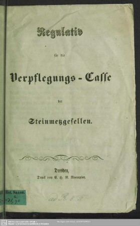 Regulativ für die Verpflegungs-Casse der Steinmetzgesellen