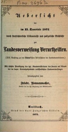 Übersicht der durch strafrichterliche Erkenntnisse und polizeiliche Beschlüsse zur Landesverweisung Verurtheilten. 1871, Quartal 2 = Nachtr. 13