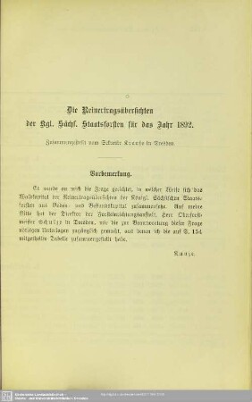 I.3 Die Reinertragsübersichten der kgl. sächs. Staatsforsten für das Jahr 1892.