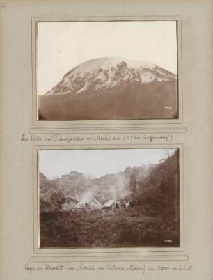 links: Kibo (Kilima-Ndjaro) in 25 km Entfernung von Moschi aus rechts: Lager im Urwald über Moschi (am Kilima-Ndjaro) in 2800 m über dem Meer