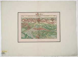 Vogelschaubild von Koblenz, kolor. Holzschnitt, 1549 : Die Statt Cobolentz am Rhein und an der Mosel gelegen, ware contrafhetung, sampt umbligender Landtschafft : [gewidmet] Iohan. Ex Com. Ab Isenburg / H R M D. [Hrsg.: Sebastian Münster. Gez. Hans Rudolf Manuel Deutsch]. - [Basilea] : [H. Petri] , 1549. - 1 Vogelschaubild : kolor. Holzschnitt ; 37 x 22 cm Mit Wappen