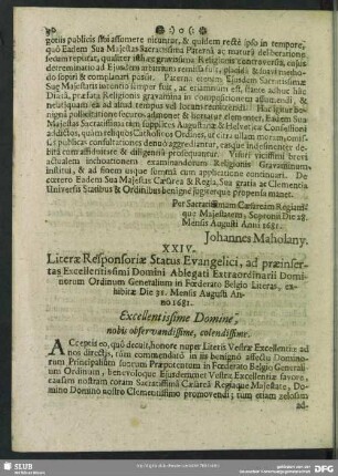 XXIV. Literae responsoriae Status Evangelici ad supradictas Ablegati foederati Belgii literas. 31. Aug. 1681