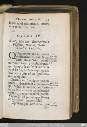 Caput IV. Nihil, Non-ens, Ens rationis; Possibile, Relatio, Denominatio, Privatio.