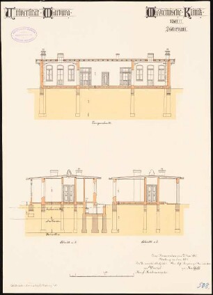 Medizinische Klinik der Philipps-Universität Marburg: Isolierhaus: Längsschnitt, Querschnitte 1:100