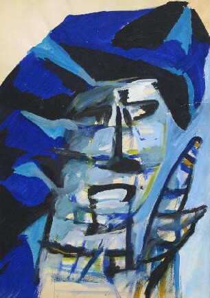 Kopf auf blau/schwarzem Grund
