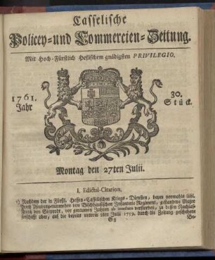 30. Stueck, Montag den 27ten Julii 1761