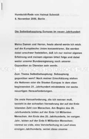 Manuskript einer Rede von Helmut Schmidt in der Berliner Humboldt-Universität zur Diskussion um eine Europäische Verfassung