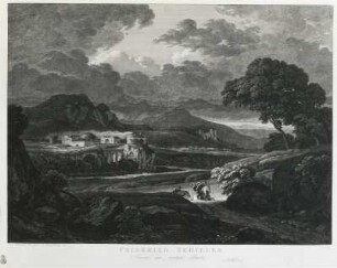 Große heroische Landschaft mit Widmung an Friedrich Schiller : Reinhart, Johann Christian. Große heroische Landschaft mit Widmung an Friedrich Schiller. Radierung; 40,5 x 51 cm. 1800. Dresden: Kupferstich-Kabinett A 17420 in A 326 f, 2