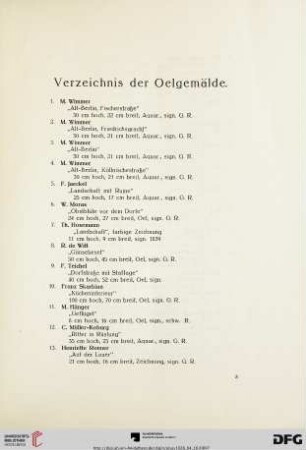Verzeichnis der Oelgemälde (Nr.1-282)