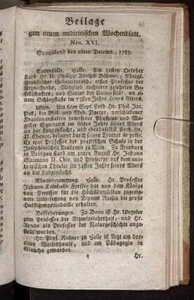 Beilage zum neuen medicinischen Wochenblatt. Nro. XVI. Sonnabend den 26ten Decemb., 1789.