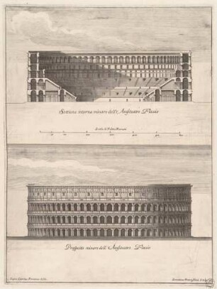 Settione interna minore dell’Anfiteatro Flavio [oben]; Prospetto minore dell’Amfiteatro Flavio [unten] (Querschnitt und Aufriss des rekonstruierten Kolosseums), Illustration für die Folge "L’anfiteatro Flavio, descritto e delineato dal cavaliere Carlo Fontana"