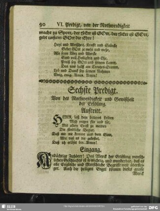 Sechste Predigt. Von der Nothwendigkeit und Gewißheit der Erlösung