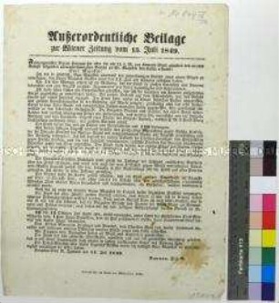 Außerordentliche Beilage zur Wiener Zeitung vom 13. Juli 1849, darin: Bericht über Kämpfe in Ungarn
