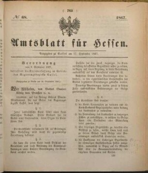 № 68. Ausgegeben zu Cassel am 17. September 1867.