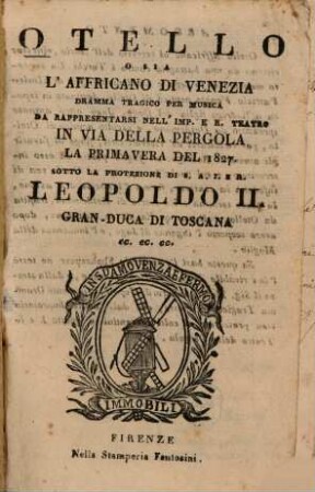 Otello o sia L'Affricano di Venezia : Dramma tragico per musica