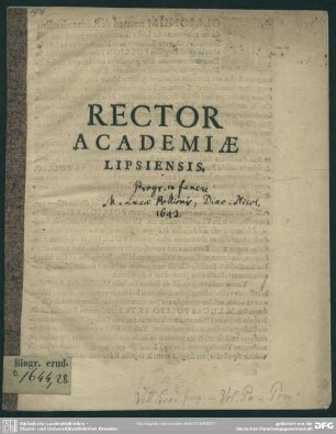 Rector Academiae Lipsiensis : [progr. in funere M. Luc. Pollionis]